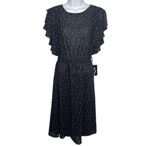 Vintage 80's Byer Secretary Dress Juniors Sheer Black Floral Flutter Sleeve